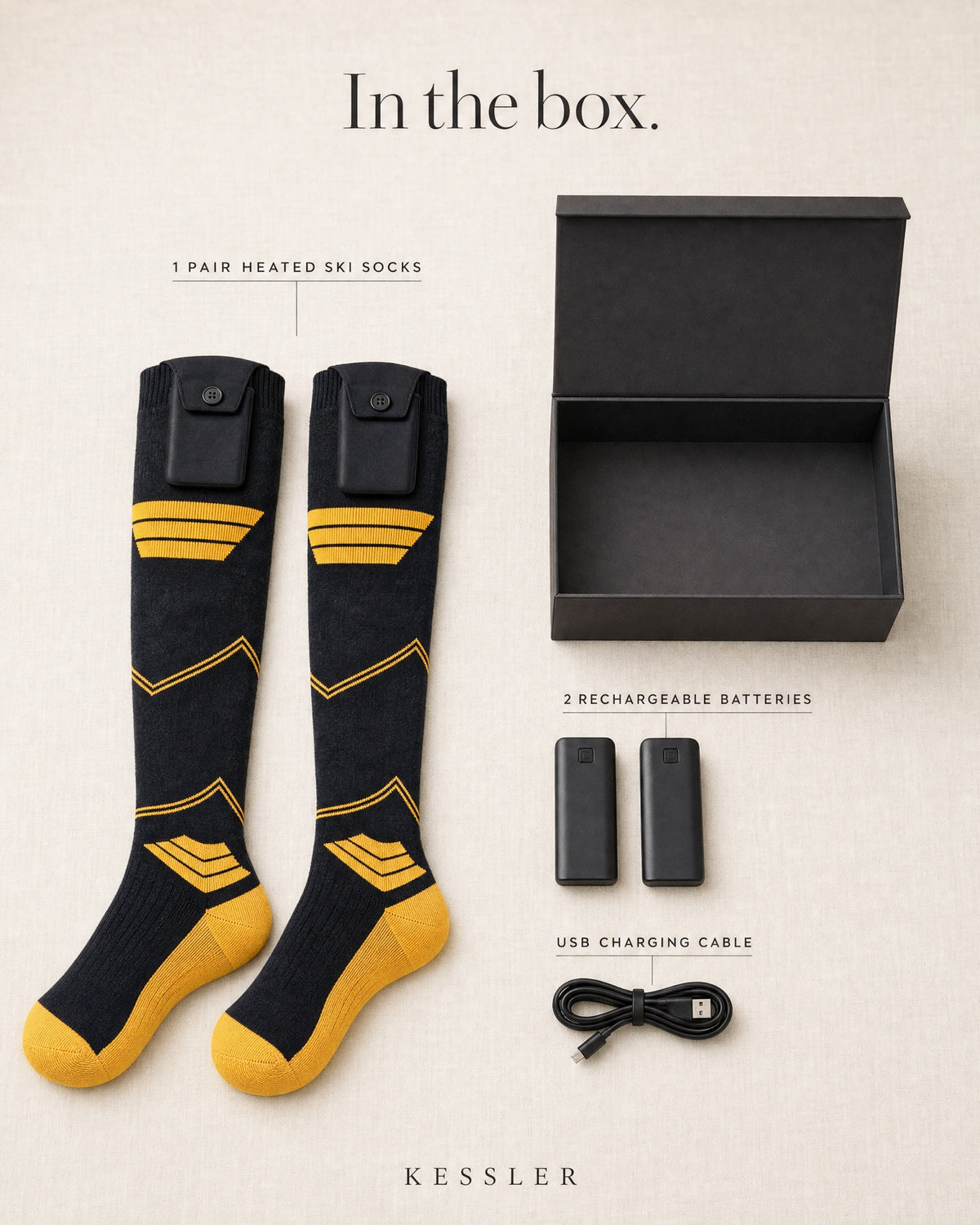 In the box: heated ski socks, two batteries and a USB cable