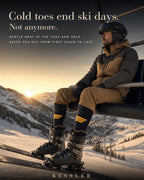 Skier on a chairlift: cold toes end ski days, not anymore